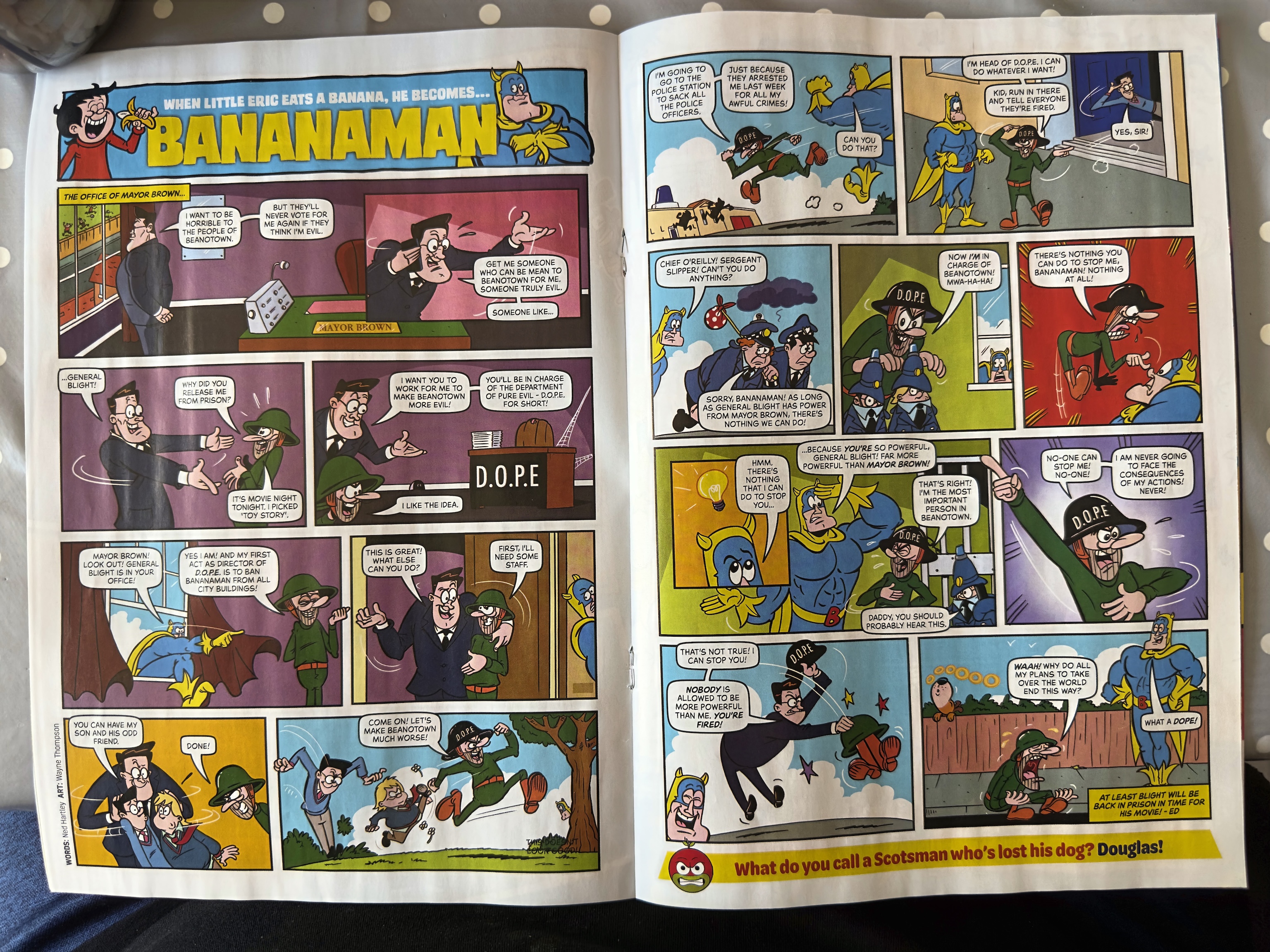 A BANANAMAN comic, showing a thinly veiled allegory of Donald Trump and Elon Musk and his DOGE agency